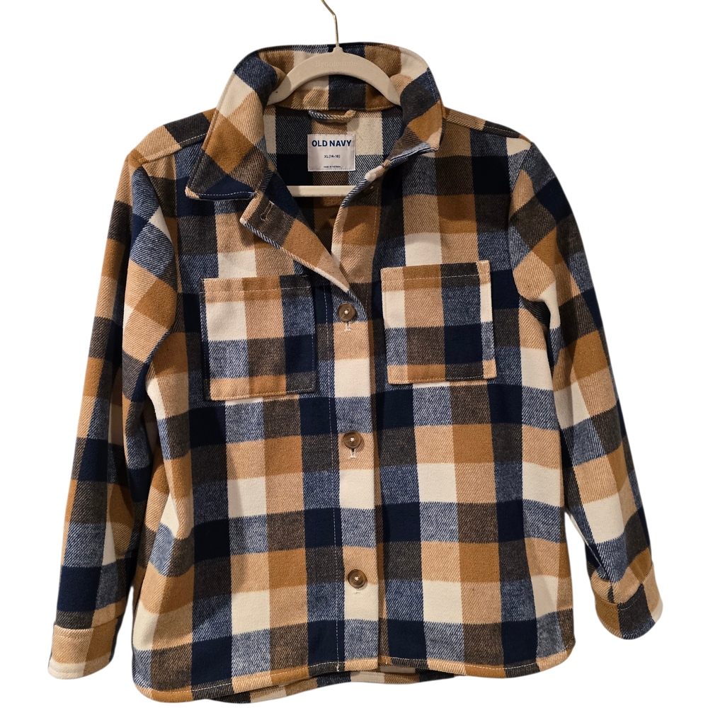 Old Navy Blue and Tan Checkered Flannel Jacket Shirt Sz 16 Youth - Picture 2 of 6